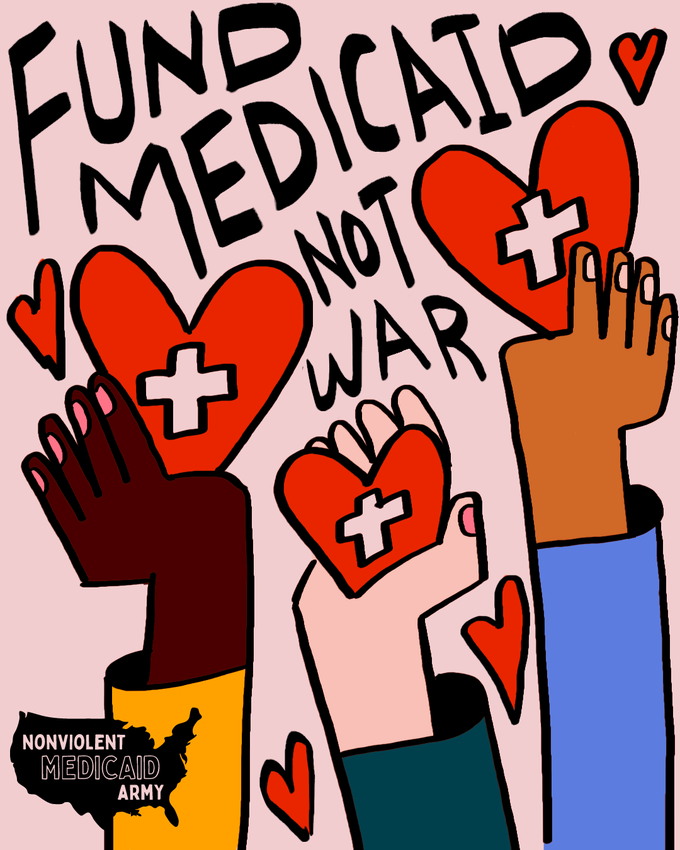Art with black words on pink background - Fund Medicaid Not War