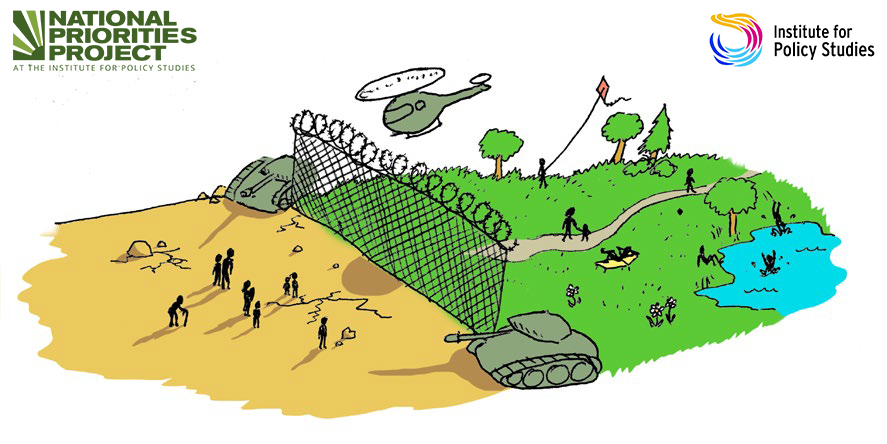 A cartoon drawing of a barren field with tanks, separated by a barbed wire fence from a green park-like world with trees and people