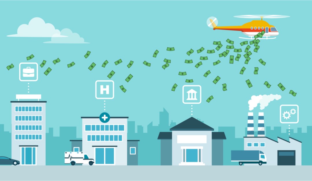 A cartoon helicopter on a blue background drops money on a cartoon office building, school, hospital, and factory.